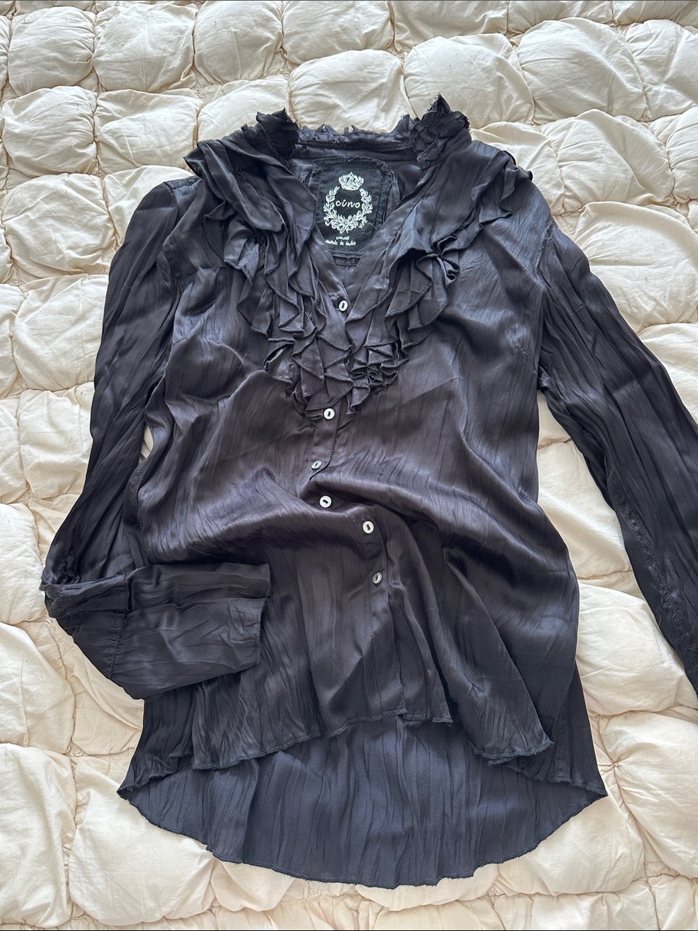 Ruffled V-Neck Blouse - Black